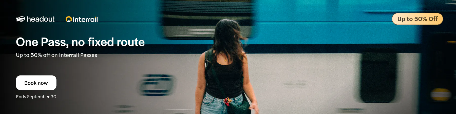 Woman standing in front of Interrail train with promotional text for discounted passes.